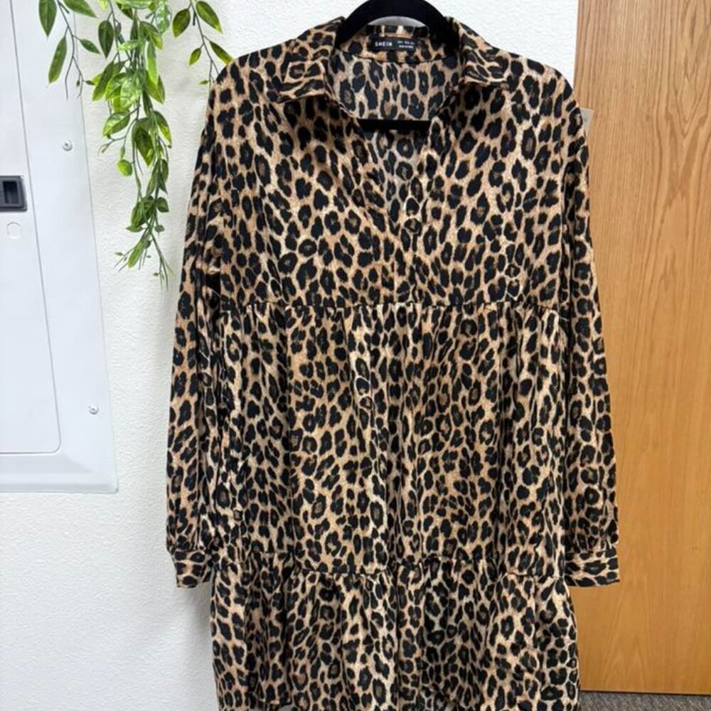 Shein Leopard Print Tiered Mini Dress Long Sleeve